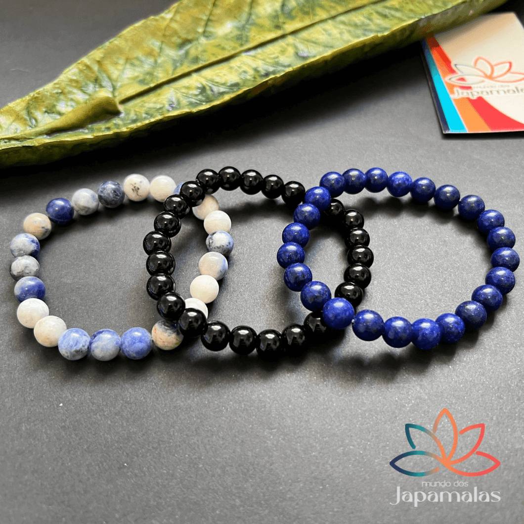 3 Pulseiras de Pedras Naturais Lápis Lazuli, Onix e Sodalita. Fortalece a Espiritualidade e Afasta Atques Energéticos